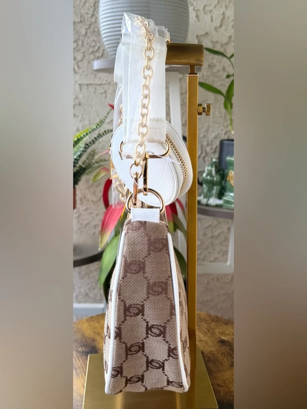 bebe Brown, White & Gold Logo Hobo Shoulder Bag with Coin Pouch - Picture 4 of 16